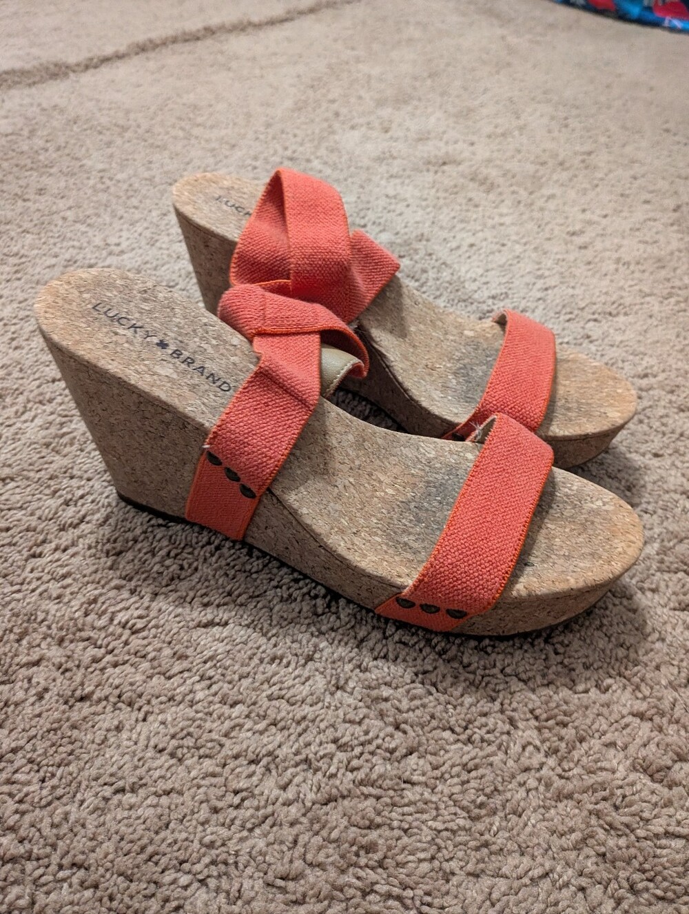 Lucky Brand Marinah Orange Elastic Strap Cork Platform Sandals 10